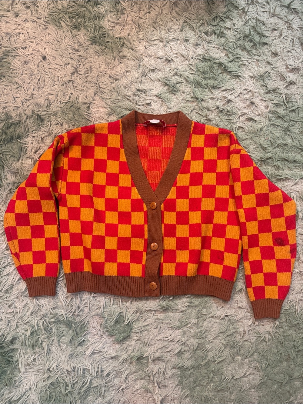 Lisa Says Gah Checkerboard V-Neck Cardigan Sweater in Red and Yellow